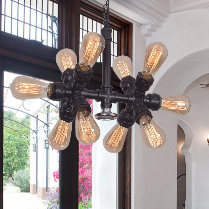 Lampe suspendue noire à 10 têtes de style campagnard avec ampoules apparentes et design Spoutnik