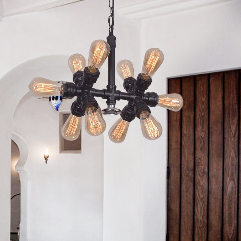 Lampe suspendue noire à 10 têtes de style campagnard avec ampoules apparentes et design Spoutnik
