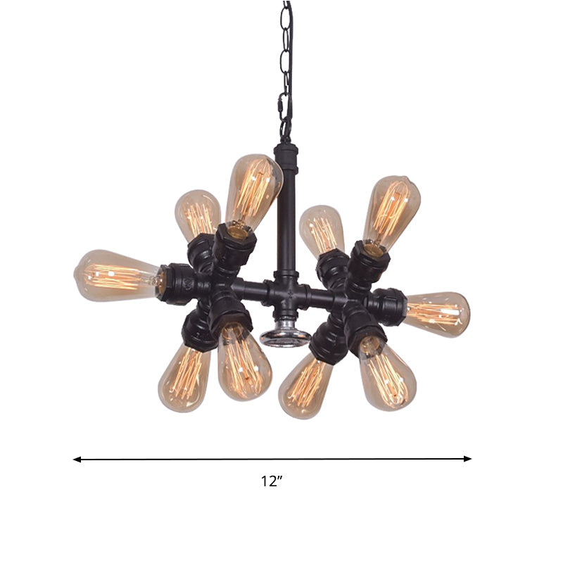 Lampe suspendue noire à 10 têtes de style campagnard avec ampoules apparentes et design Spoutnik