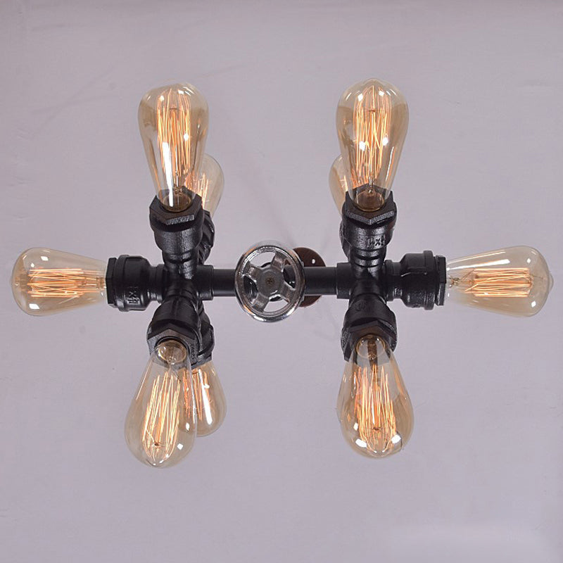 Lampe suspendue noire à 10 têtes de style campagnard avec ampoules apparentes et design Spoutnik
