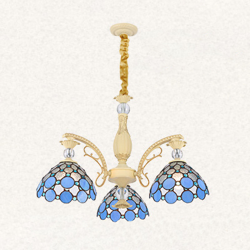 Blue Beaded Mediterranean Chandelier with Stained Art Glass Shade - 6/9/11 Lights Pendant for Bedroom