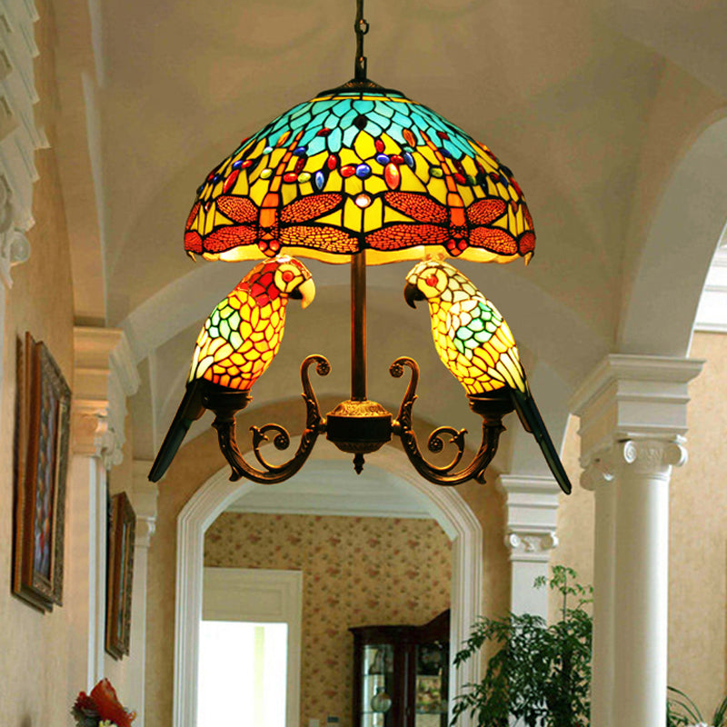Mediterranean Stained Glass Pendant Chandelier with Parrot Deco in Yellow