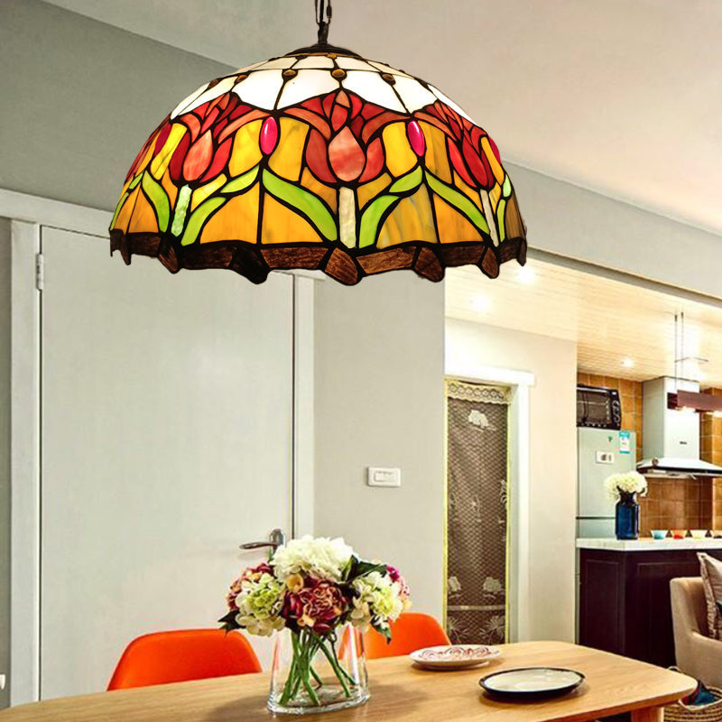 Suspension victorienne en verre taillé à la main avec motif de fleurs - Lustre de plafond jaune à 3 lumières
