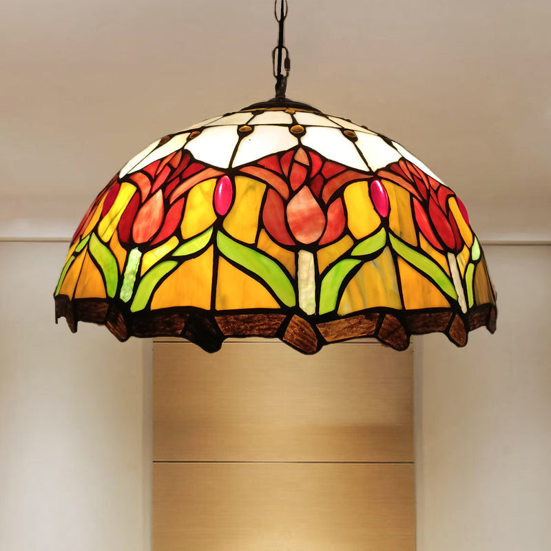 Suspension victorienne en verre taillé à la main avec motif de fleurs - Lustre de plafond jaune à 3 lumières