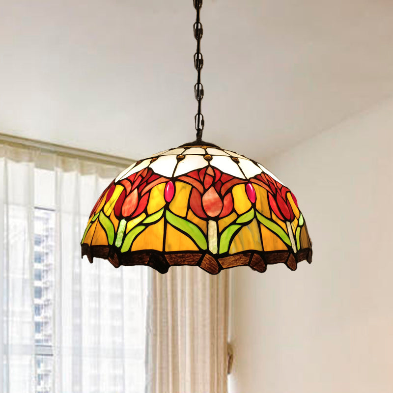 Suspension victorienne en verre taillé à la main avec motif de fleurs - Lustre de plafond jaune à 3 lumières
