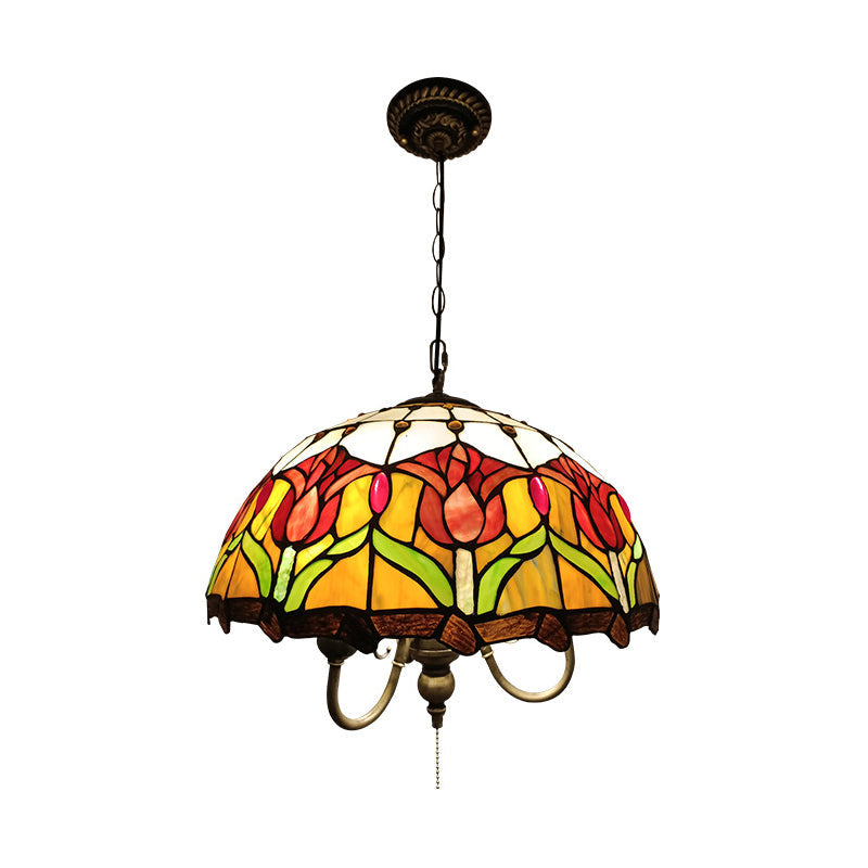 Suspension victorienne en verre taillé à la main avec motif de fleurs - Lustre de plafond jaune à 3 lumières