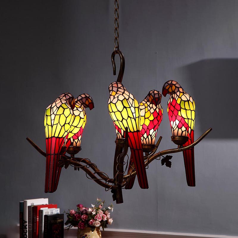 Green Parrot Chandelier - 5-Light Cut Glass Suspension Lamp for Living Room