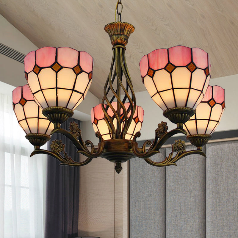 Tiffany Style Stained Glass Chandelier - 5 Light Pink Pendant