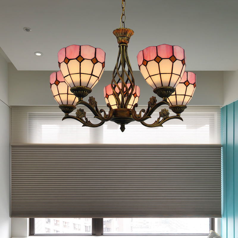 5-Light Pink Tiffany-Style Stained Glass Chandelier: Elegant Domed Hanging Pendant