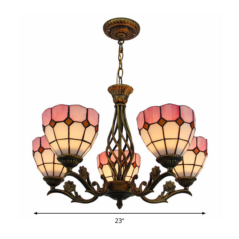 5-Light Pink Tiffany-Style Stained Glass Chandelier: Elegant Domed Hanging Pendant