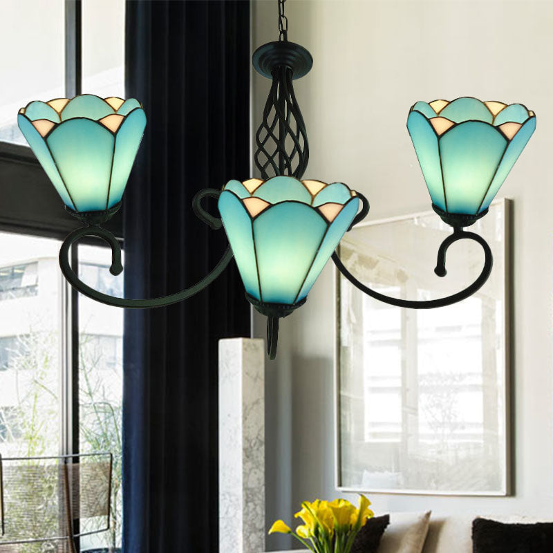Lustre conique baroque noir avec 5/6/8 lampes en verre blanc/bleu pour le salon