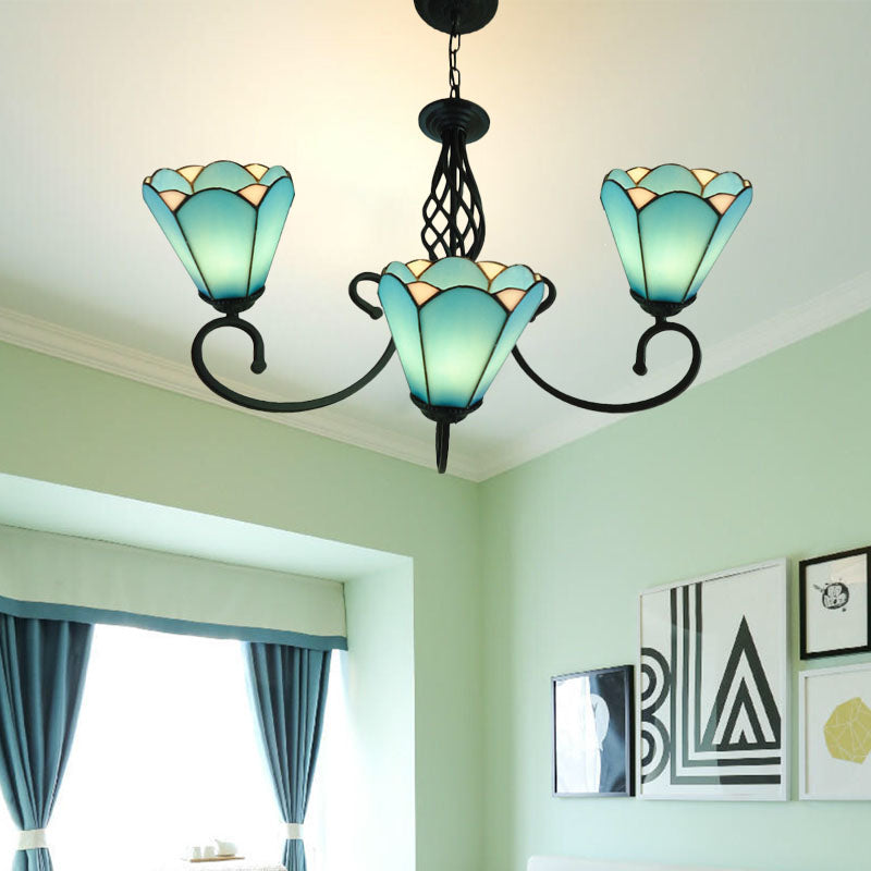 Lustre conique baroque noir avec 5/6/8 lampes en verre blanc/bleu pour le salon