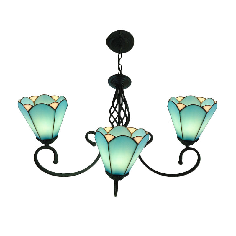 Lustre conique baroque noir avec 5/6/8 lampes en verre blanc/bleu pour le salon