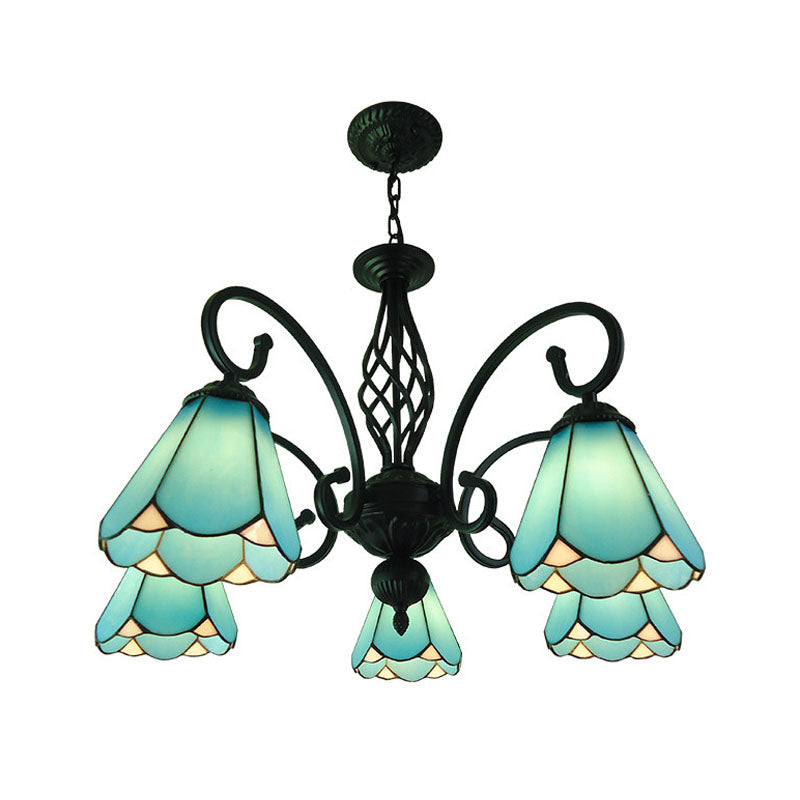 Lustre conique baroque noir avec 5/6/8 lampes en verre blanc/bleu pour le salon
