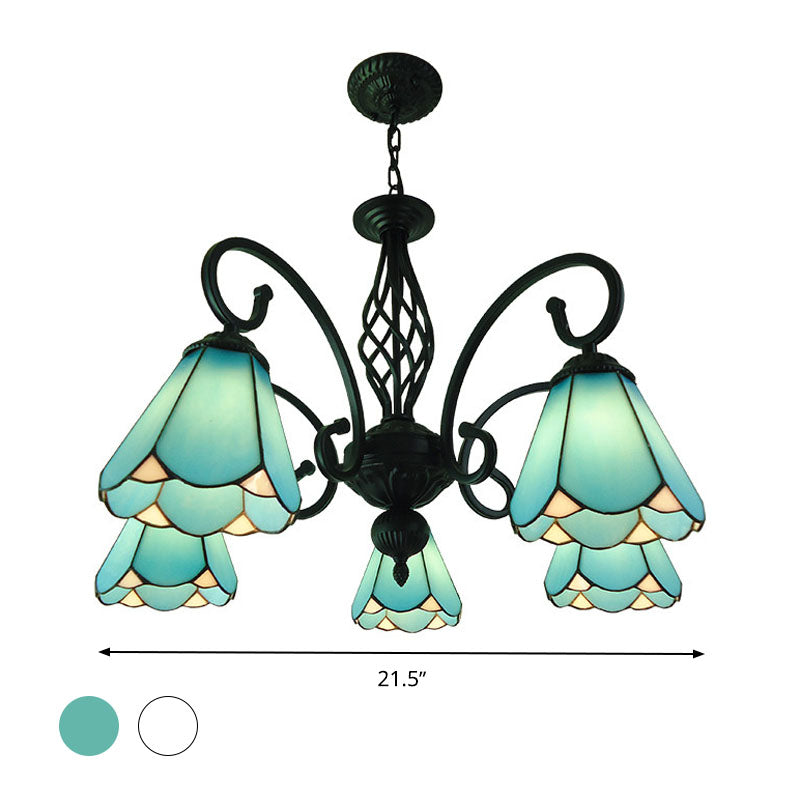 Lustre conique baroque noir avec 5/6/8 lampes en verre blanc/bleu pour le salon