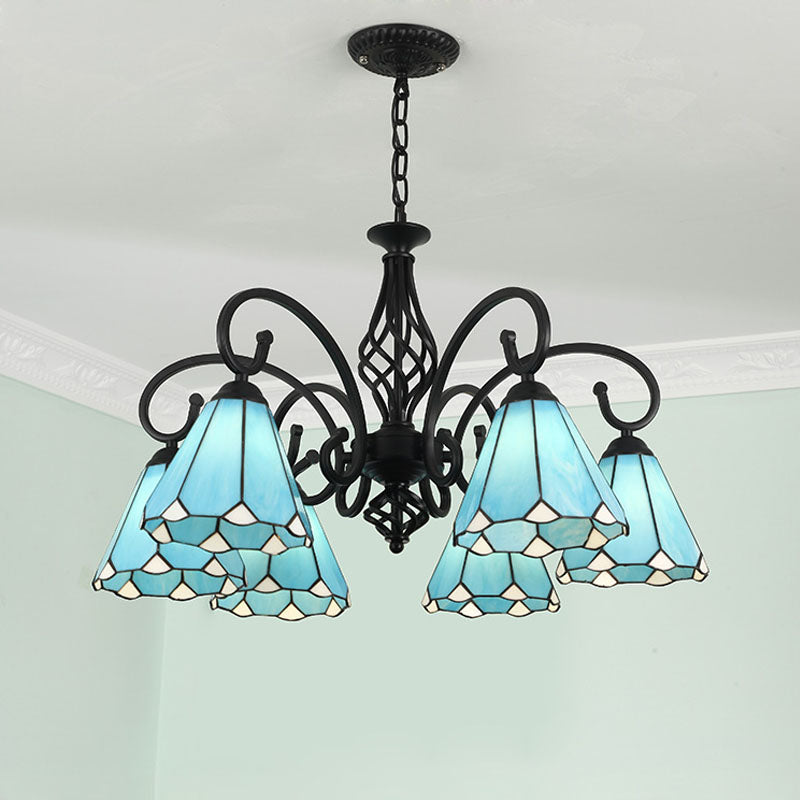 Lustre conique baroque noir avec 5/6/8 lampes en verre blanc/bleu pour le salon