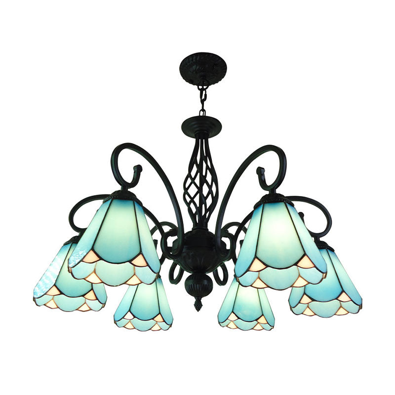 Lustre conique baroque noir avec 5/6/8 lampes en verre blanc/bleu pour le salon