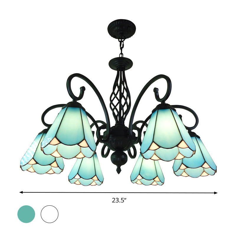 Lustre conique baroque noir avec 5/6/8 lampes en verre blanc/bleu pour le salon