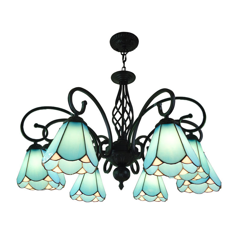 Lustre conique baroque noir avec 5/6/8 lampes en verre blanc/bleu pour le salon