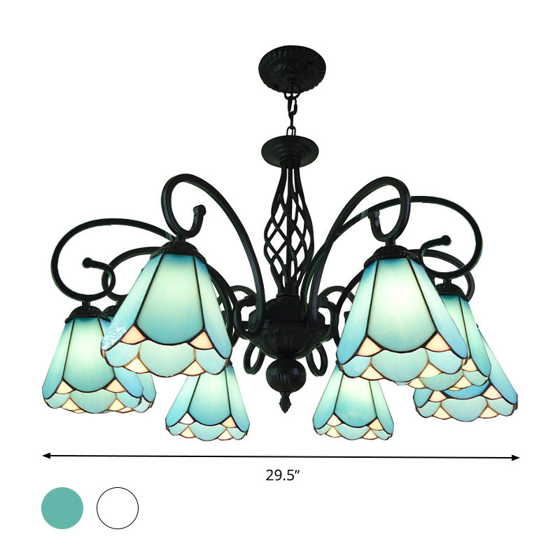 Lustre conique baroque noir avec 5/6/8 lampes en verre blanc/bleu pour le salon