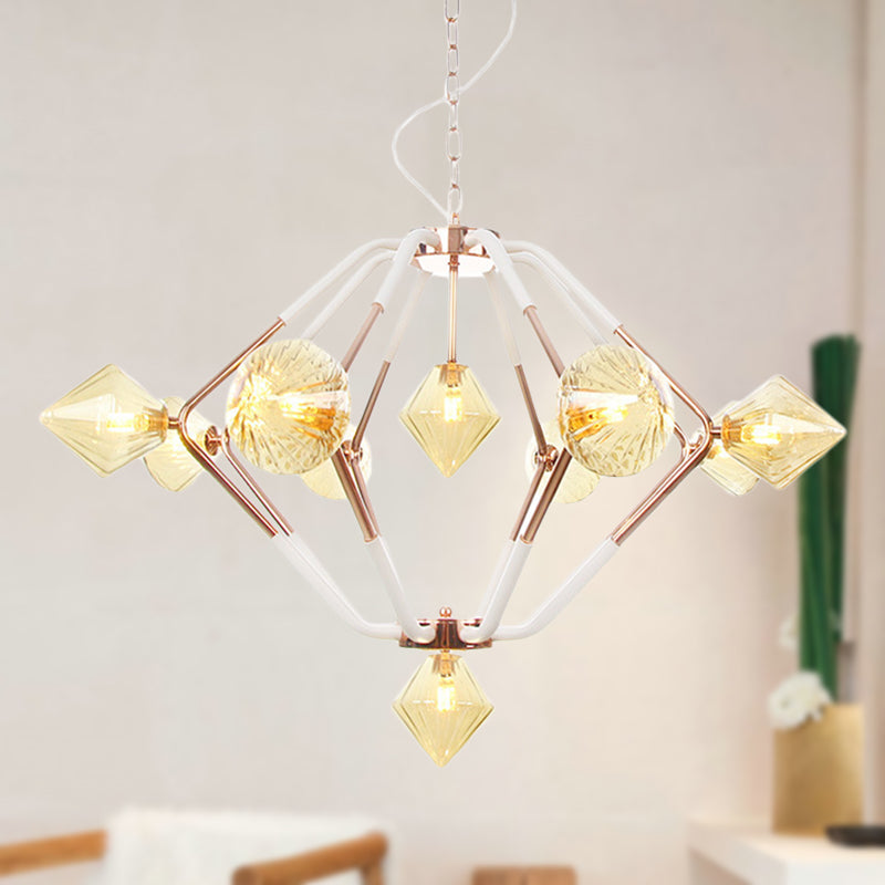 Lustre LED moderne en or rose avec abat-jour en verre ambré diamanté - 10 lumières, éclairage de chambre