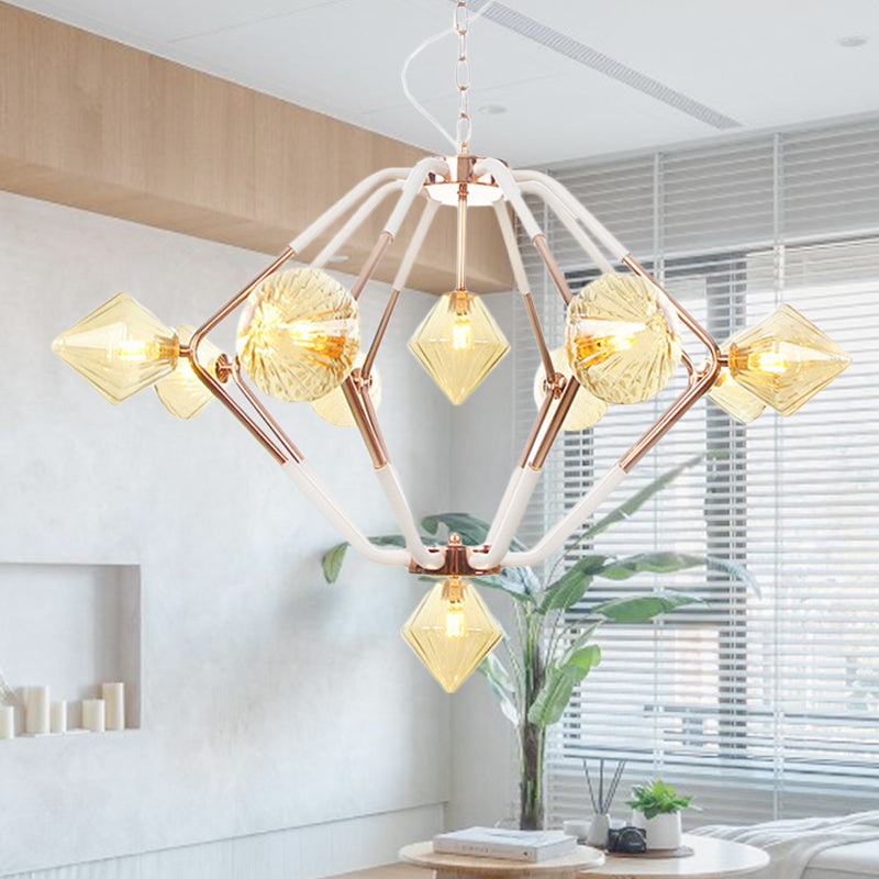 Lustre LED moderne en or rose avec abat-jour en verre ambré diamanté - 10 lumières, éclairage de chambre