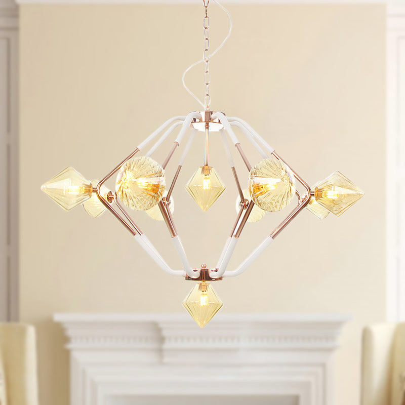 Lustre LED moderne en or rose avec abat-jour en verre ambré diamanté - 10 lumières, éclairage de chambre