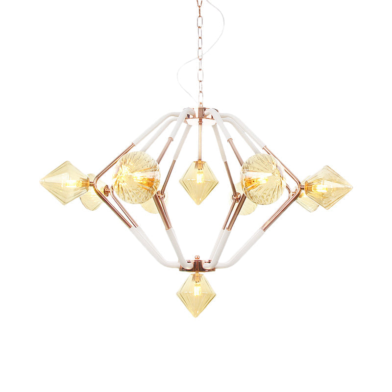 Lustre LED moderne en or rose avec abat-jour en verre ambré diamanté - 10 lumières, éclairage de chambre
