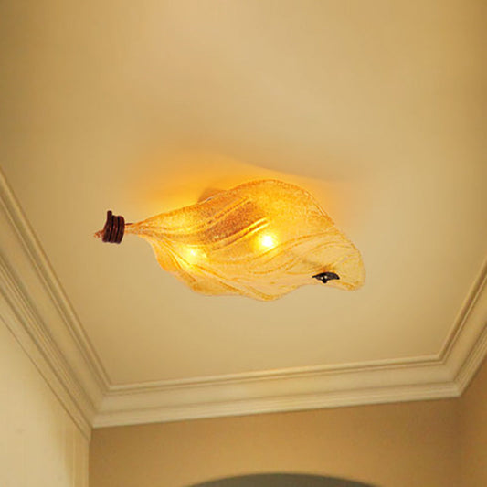Countryside Leaf Shaped Ceiling Flush Mount Yellow Glass Hallway Light Fixture with 2 Lights