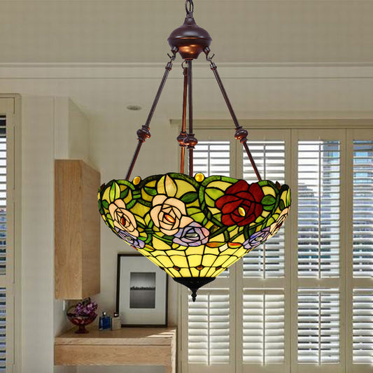 Lustre suspendu à fleurs victorien - Plafonnier en verre taillé (rouge/jaune/orange)