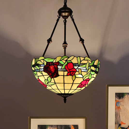 Lustre de plafond en forme de bol en verre teinté méditerranéen avec 2 lampes suspendues rouges/jaunes/vertes