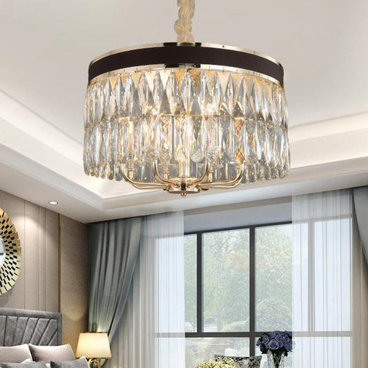 Modern Drum Chandelier with Faceted Crystal, 8 Bulbs, Pendant Light in Black-Gold Finish