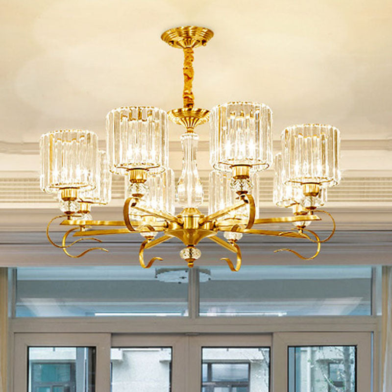Lustre cylindrique contemporain en cristal à facettes - Plafonnier suspendu en laiton avec 3/6/8 ampoules - 23,5"/27"/33,5" de large