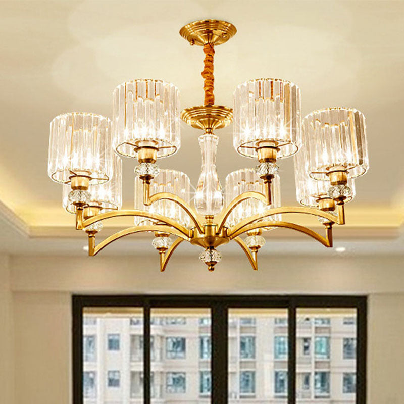 Lustre cylindrique contemporain en cristal à facettes - Plafonnier suspendu en laiton avec 3/6/8 ampoules - 23,5"/27"/33,5" de large