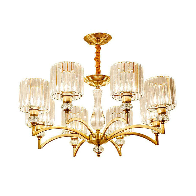 Lustre cylindrique contemporain en cristal à facettes - Plafonnier suspendu en laiton avec 3/6/8 ampoules - 23,5"/27"/33,5" de large