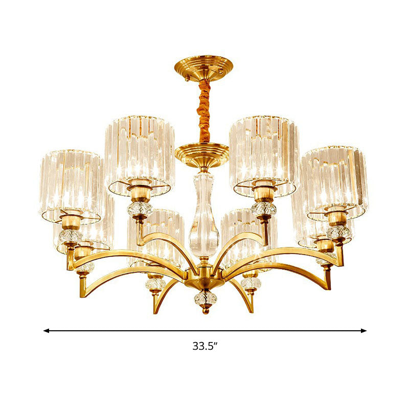 Lustre cylindrique contemporain en cristal à facettes - Plafonnier suspendu en laiton avec 3/6/8 ampoules - 23,5"/27"/33,5" de large