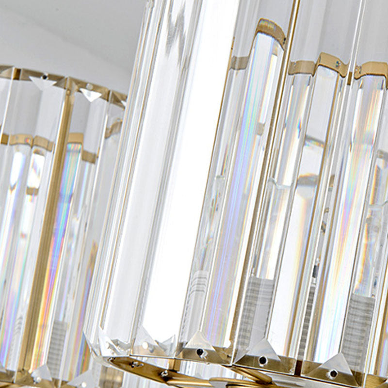 Lustre cylindrique contemporain en cristal à facettes - Plafonnier suspendu en laiton avec 3/6/8 ampoules - 23,5"/27"/33,5" de large