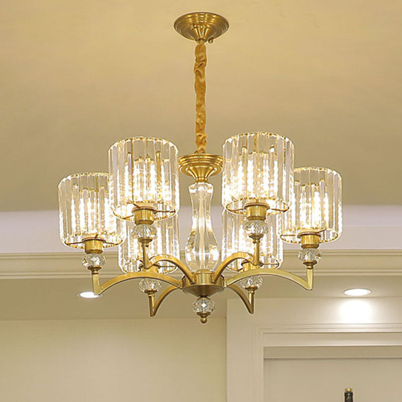 Lustre cylindrique contemporain en cristal à facettes - Plafonnier suspendu en laiton avec 3/6/8 ampoules - 23,5"/27"/33,5" de large