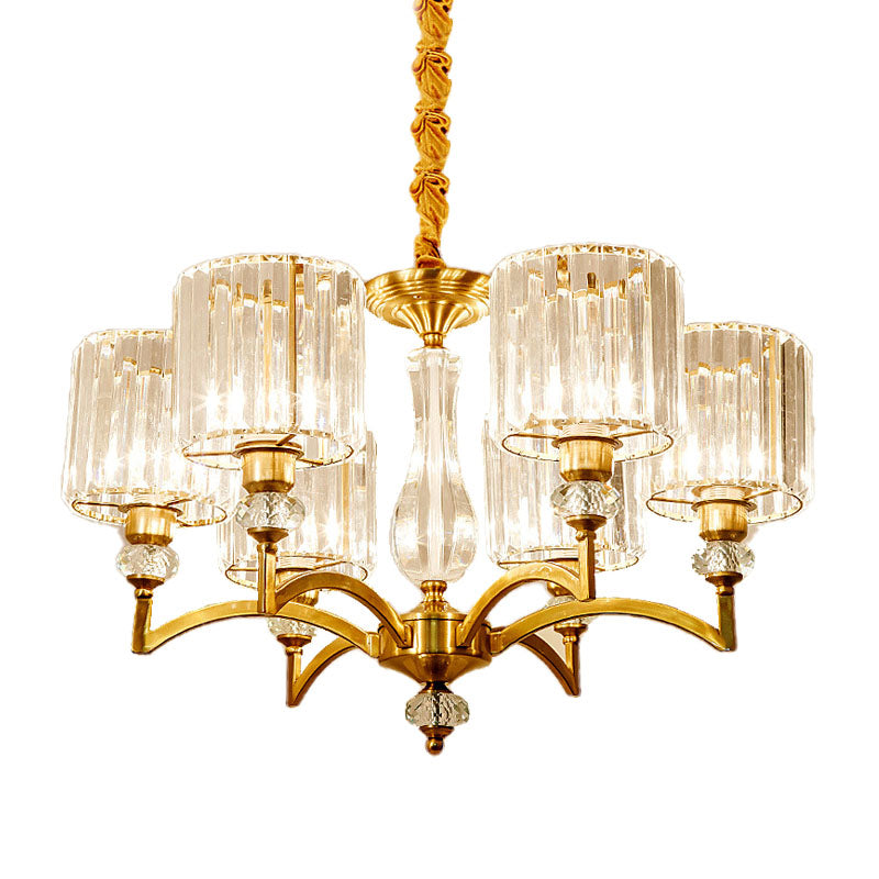 Lustre cylindrique contemporain en cristal à facettes - Plafonnier suspendu en laiton avec 3/6/8 ampoules - 23,5"/27"/33,5" de large