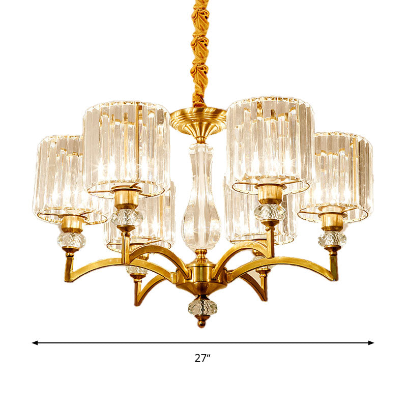Lustre cylindrique contemporain en cristal à facettes - Plafonnier suspendu en laiton avec 3/6/8 ampoules - 23,5"/27"/33,5" de large