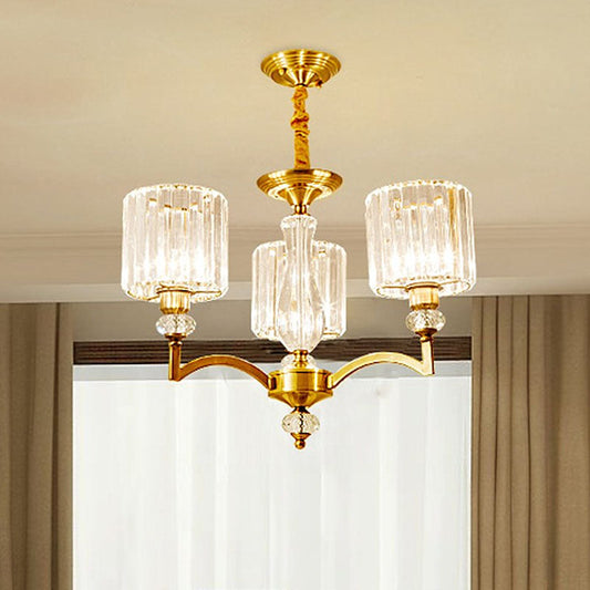 Contemporary Faceted Crystal Cylinder Chandelier - Brass Ceiling Pendant Light with 3/6/8 Bulbs - 23.5"/27"/33.5" Wide