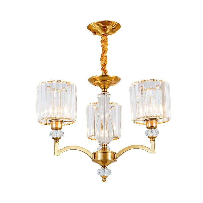 Lustre cylindrique contemporain en cristal à facettes - Plafonnier suspendu en laiton avec 3/6/8 ampoules - 23,5"/27"/33,5" de large