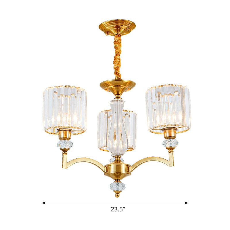 Lustre cylindrique contemporain en cristal à facettes - Plafonnier suspendu en laiton avec 3/6/8 ampoules - 23,5"/27"/33,5" de large
