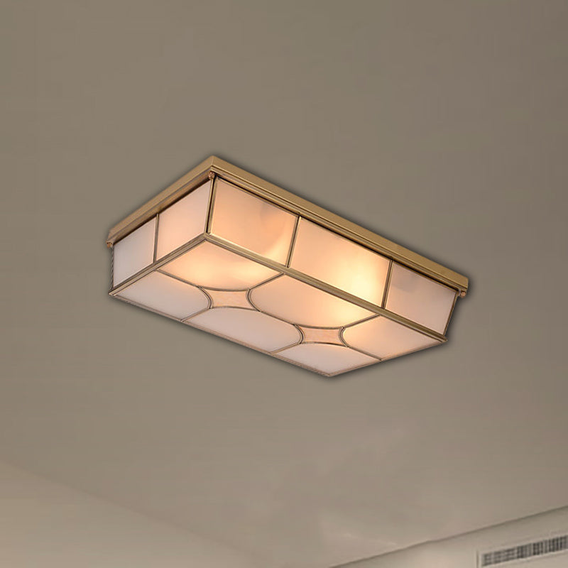 Frosted Glass Flush Ceiling Light in Classic Brass - 3/6 Lights, Rectangle Design for Bedroom - Flush Mount Lamp