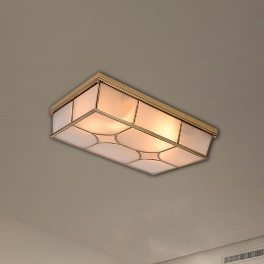 Frosted Glass Flush Ceiling Light in Classic Brass - 3/6 Lights, Rectangle Design for Bedroom - Flush Mount Lamp