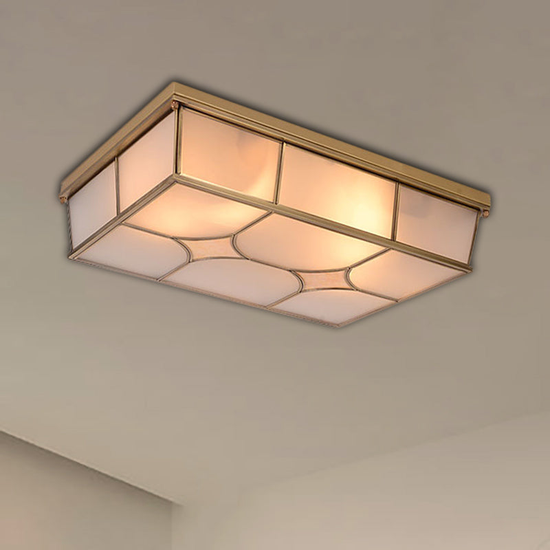 Frosted Glass Flush Ceiling Light in Classic Brass - 3/6 Lights, Rectangle Design for Bedroom - Flush Mount Lamp