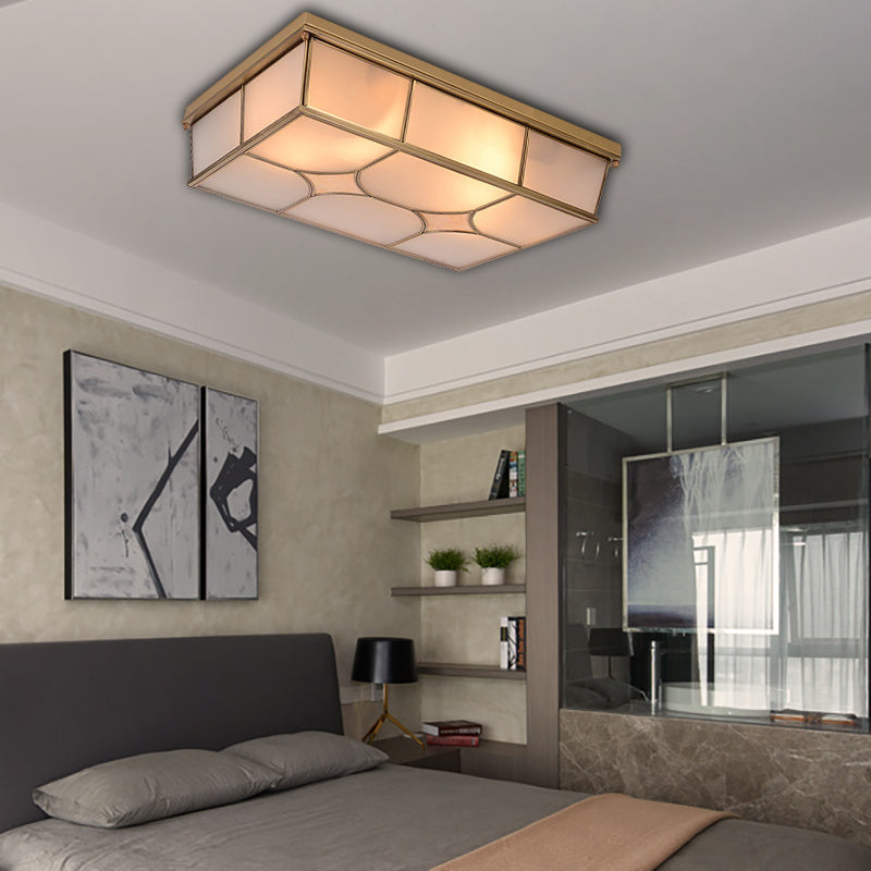 Frosted Glass Flush Ceiling Light in Classic Brass - 3/6 Lights, Rectangle Design for Bedroom - Flush Mount Lamp
