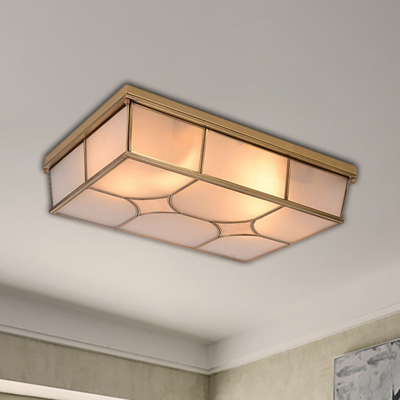 Frosted Glass Flush Ceiling Light in Classic Brass - 3/6 Lights, Rectangle Design for Bedroom - Flush Mount Lamp