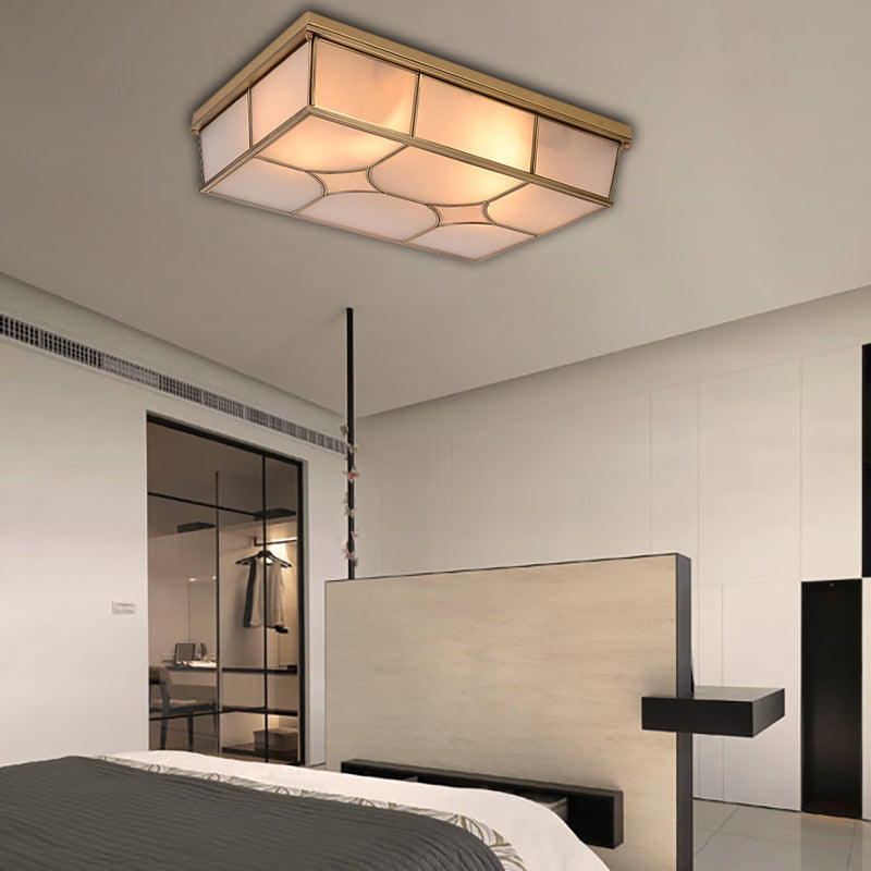 Frosted Glass Flush Ceiling Light in Classic Brass - 3/6 Lights, Rectangle Design for Bedroom - Flush Mount Lamp