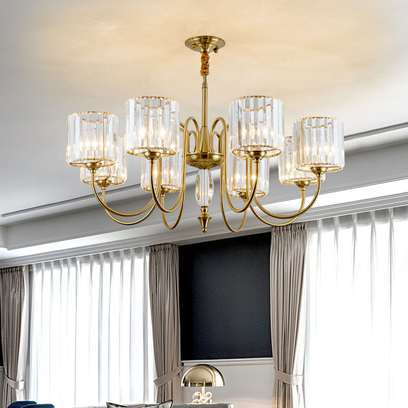 Lustre de plafond cylindrique contemporain en laiton avec facettes en cristal - Lampe suspendue à 3/5/6 têtes